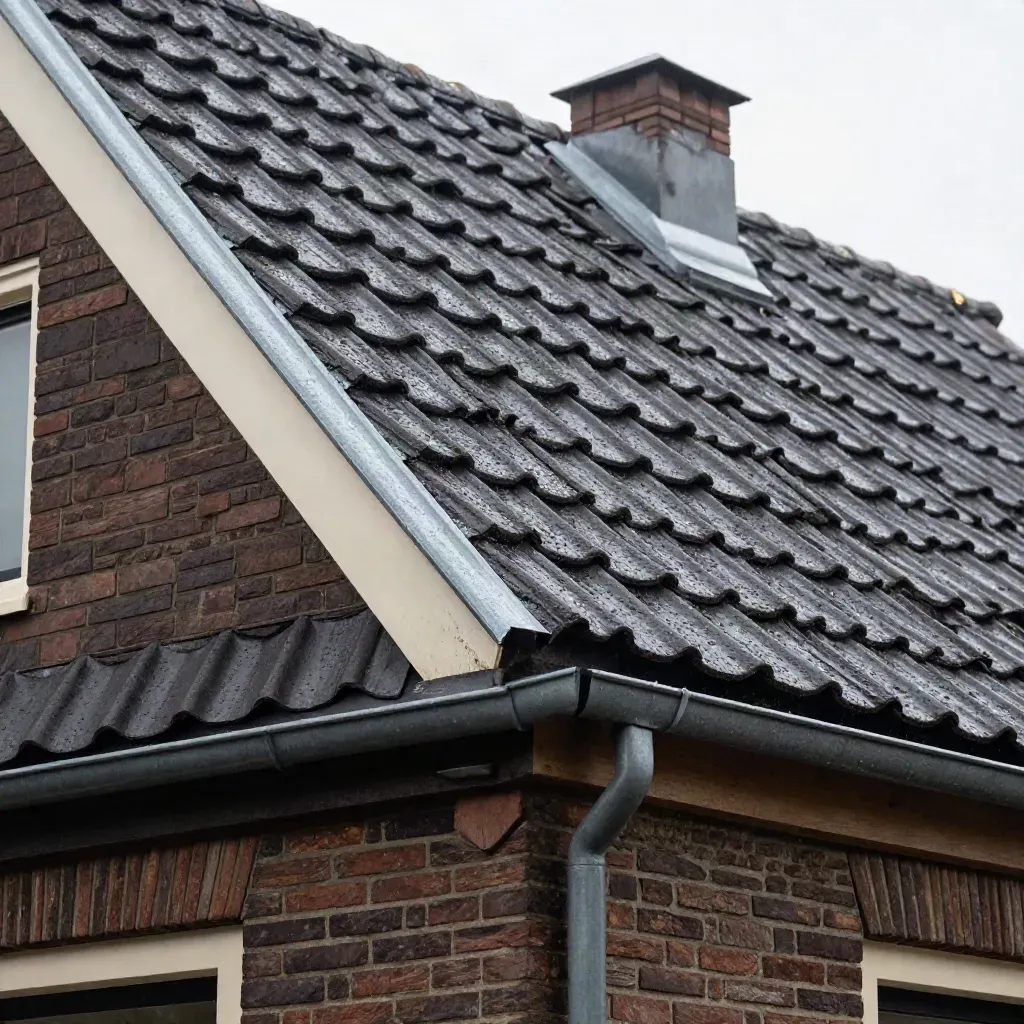 Gerepareerde dakrand met nieuwe pannen, nette nok en schone goot na stormweer.