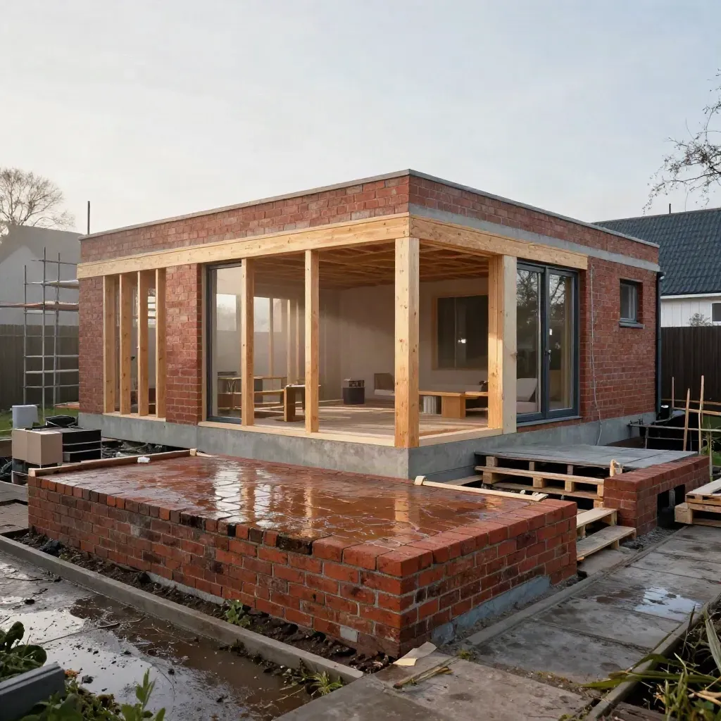 Half voltooide bakstenen aanbouw met houten skelet en natte glans na regen
