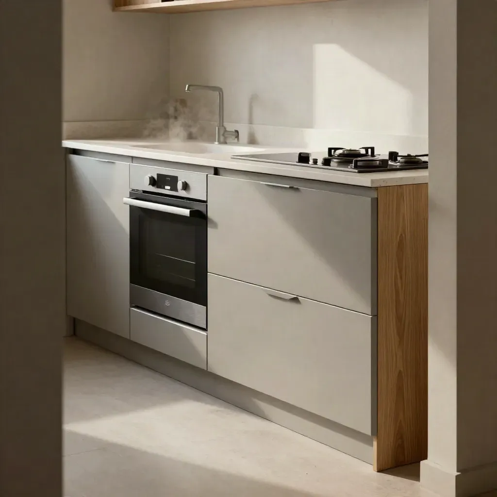 Strakke nieuwe keuken met matte fronten, vlak werkblad en geïntegreerde apparatuur.