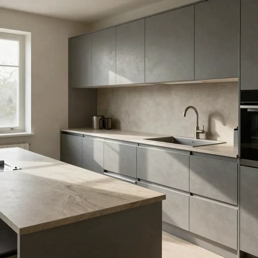 Strakke nieuwe keuken in Zeist met grijze fronten en natuursteenlook blad.