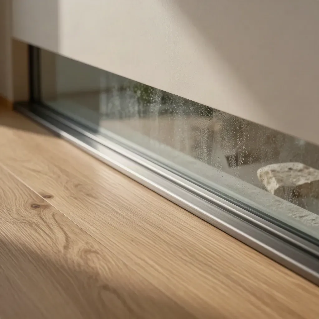 Macro van een afgewerkte leefkeuken-uitbouw met eiken vloer en glazen pui in ochtendlicht.