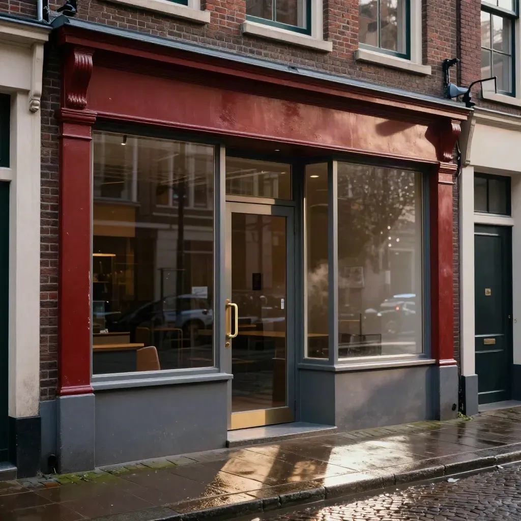 Utrechtse winkelpui met herstelde geveltrim, natte stoep en schone entree na sluitingstijd.