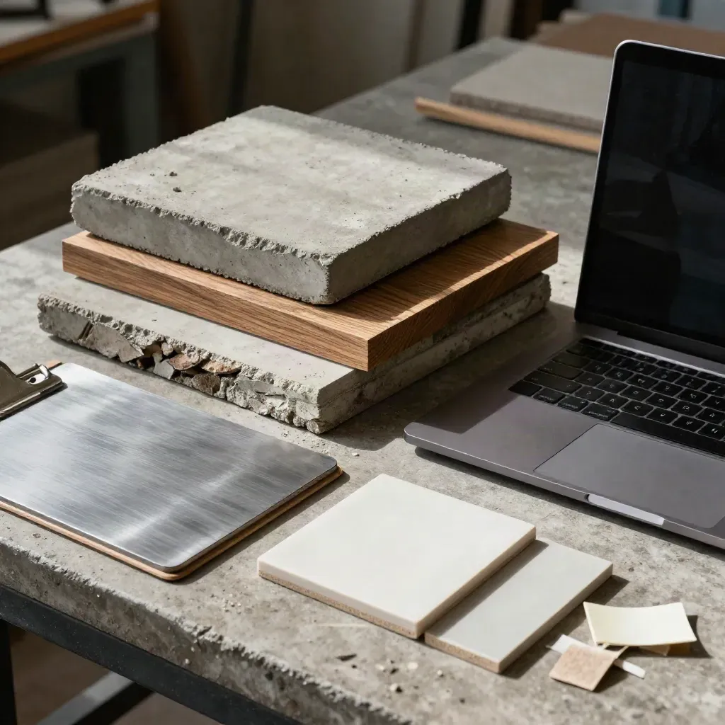 Materiaalstalen, laptop en klembord op een betonnen werkbank in een koele werkplaats met harde schaduwen.