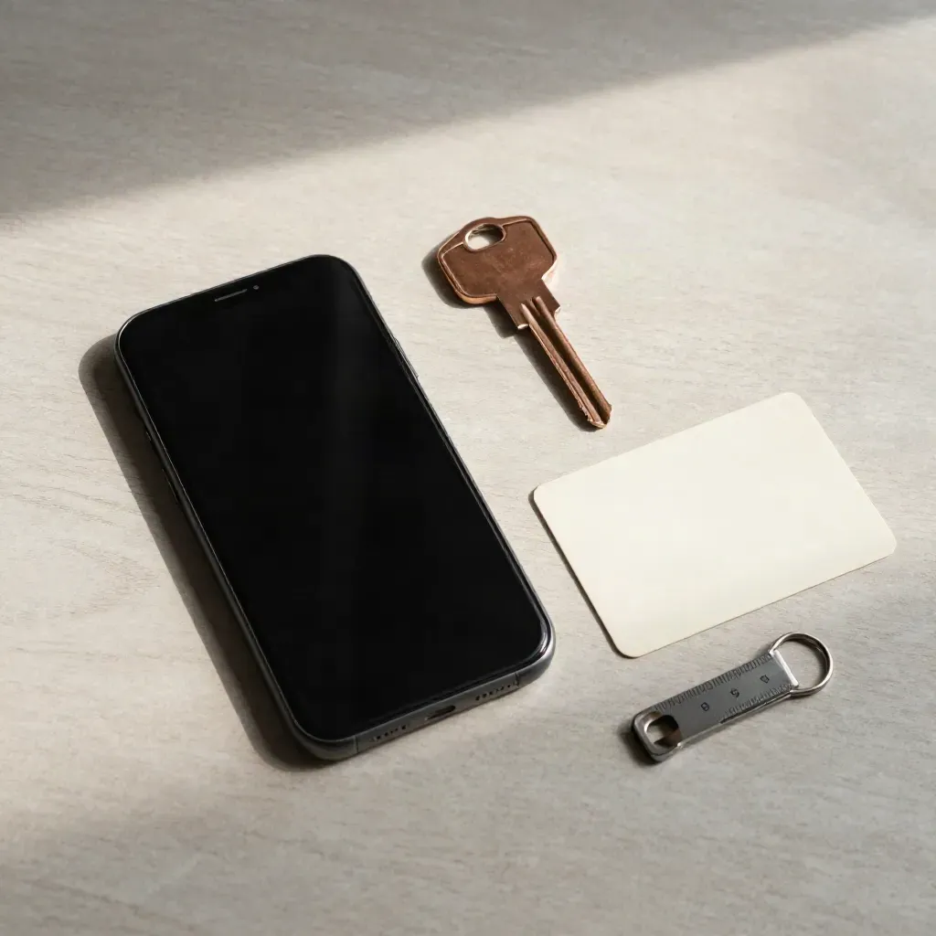 Bovenaanzicht van smartphone, koperen sleutel, kaart en meetklip op licht hout.