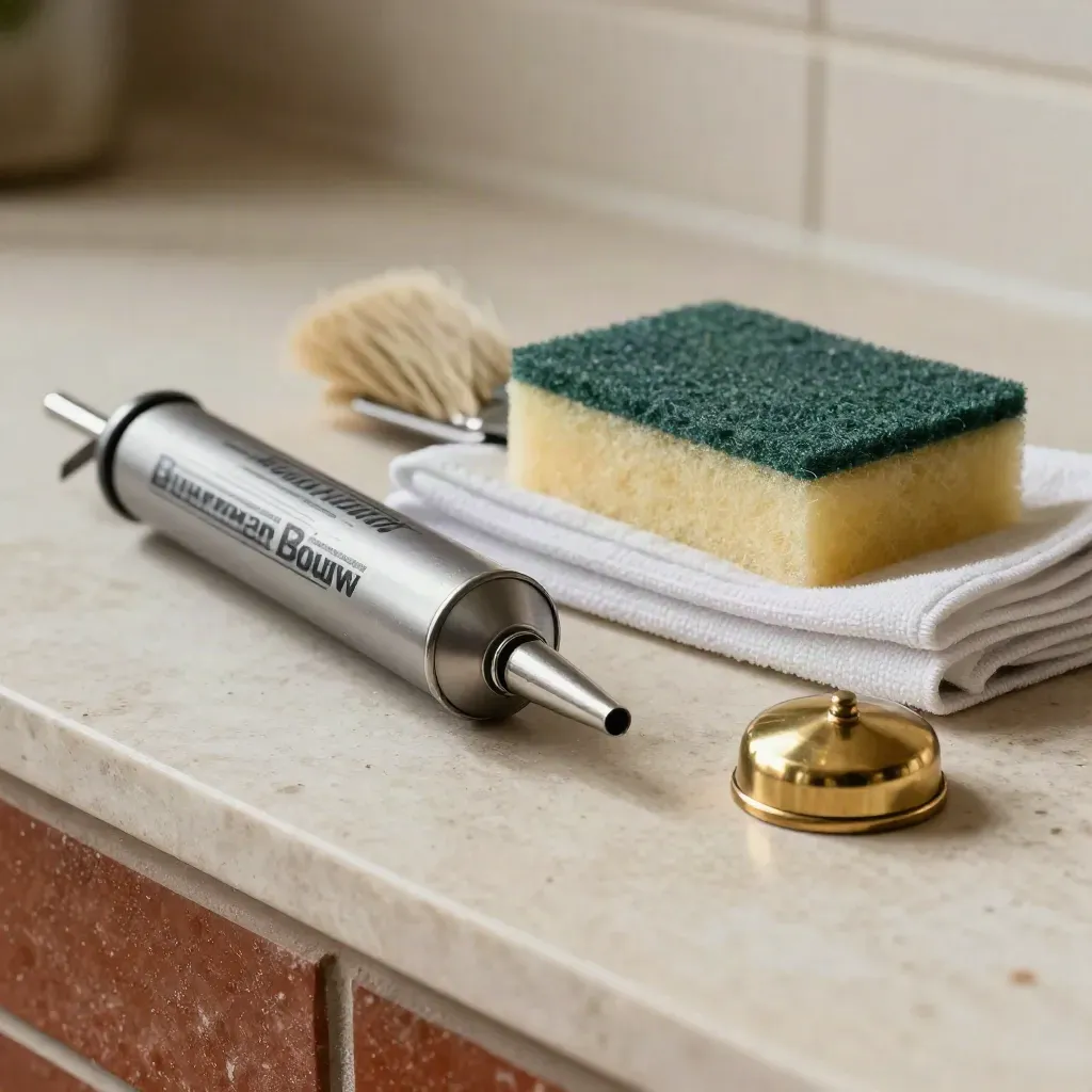 Afwerkset met kitspuit, kwast, spons, doek en messing deurstop op lichte stenen plank.