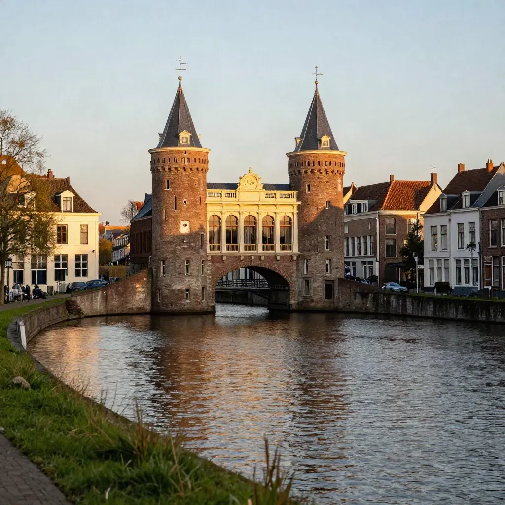 Koppelpoort in Amersfoort bij gouden avondlicht boven een rustige gracht