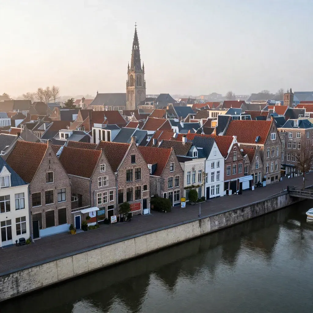 Domtoren boven grachtenpanden en mistig water in Utrecht, met rustige steen en kopie-ruimte