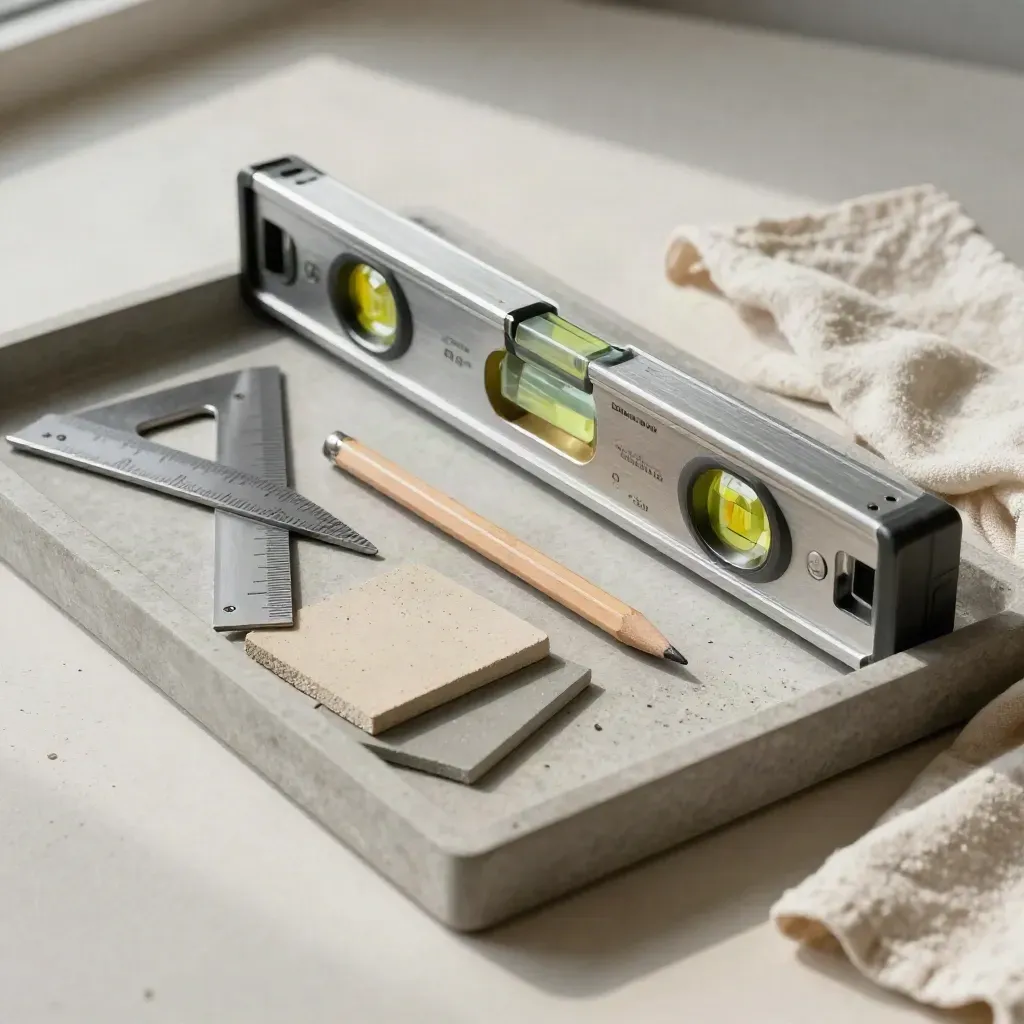 Waterpas, winkelhaak en potlood op een matte steenplaat met twee materiaalstalen.