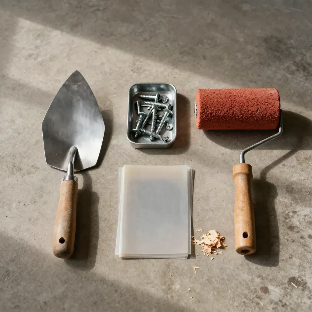 Plat vlak van troffel, verfroller, schroefbakje, afdekfolie en houtkrullen op beton.