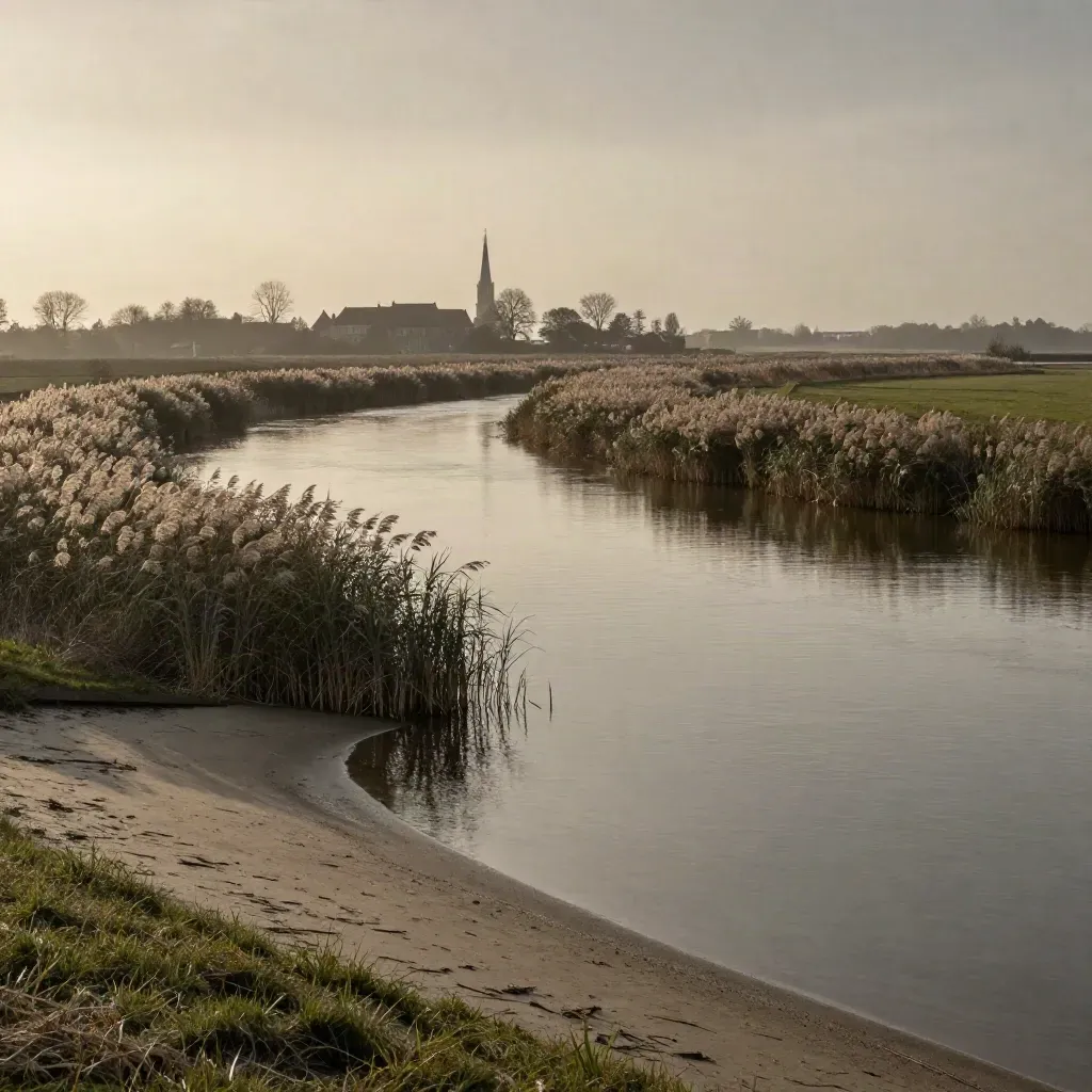 Stil rivierlandschap in ’t Gooi met riet, dijk en verre villa- en kerkdaken bij avondnevel.