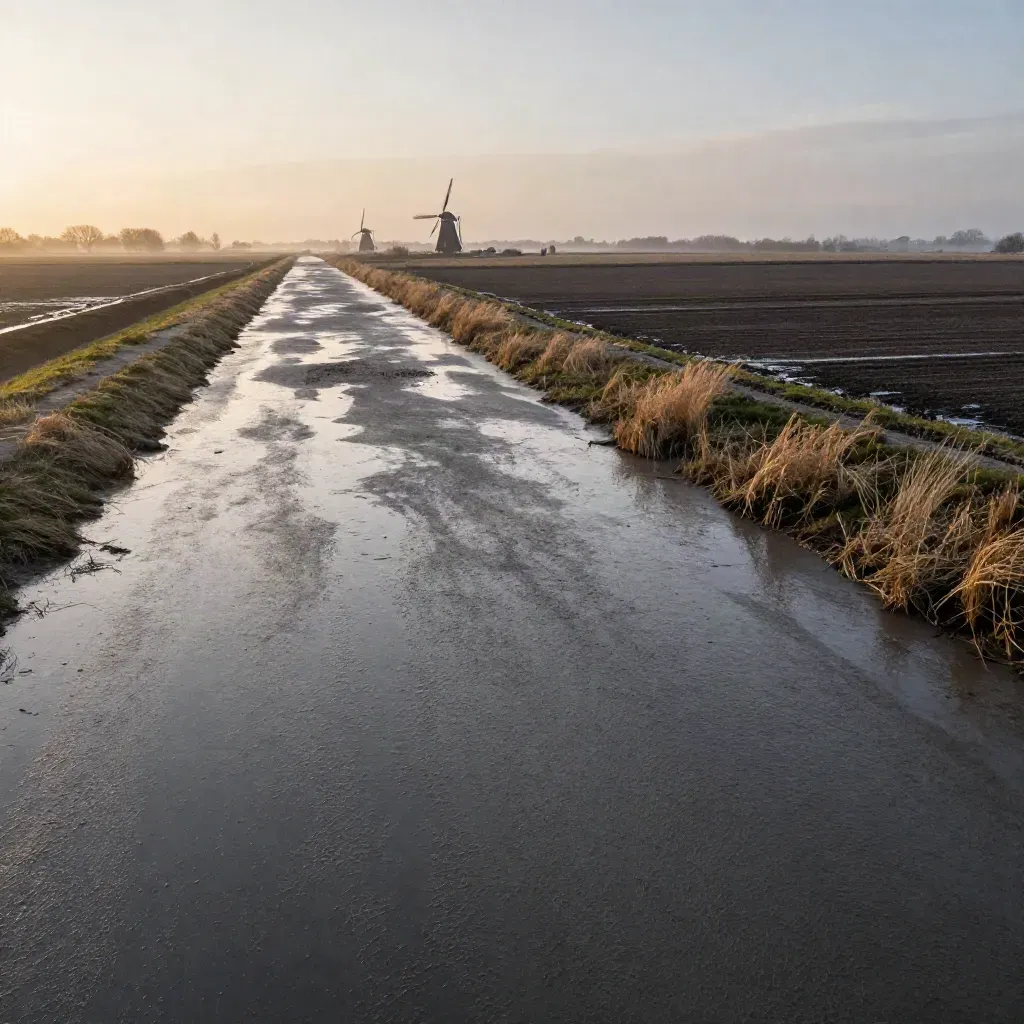 Lekstroomlandschap met polderdijk, natte klei en verre molens in warm schemerlicht.